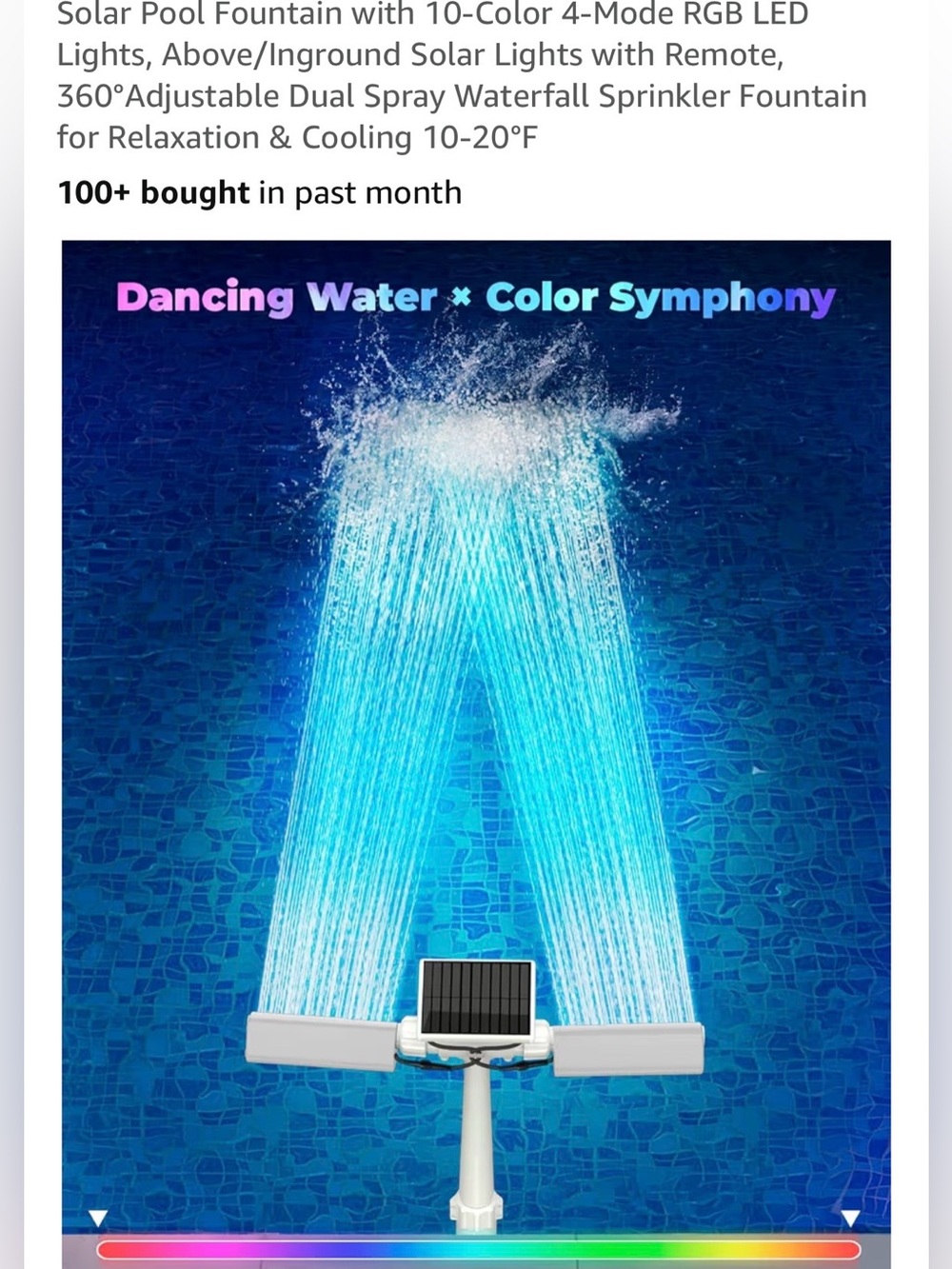 Solar Pool Fountain 10-Color 4-Mode RGB LED Lights Above/Inground Waterfall - Picture 3 of 9